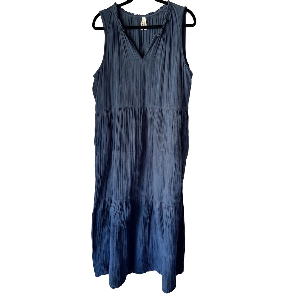 Pact Organic Cotton Gauze Tiered Maxi Dress Blue V-Neck Ruffle Sleeveless L